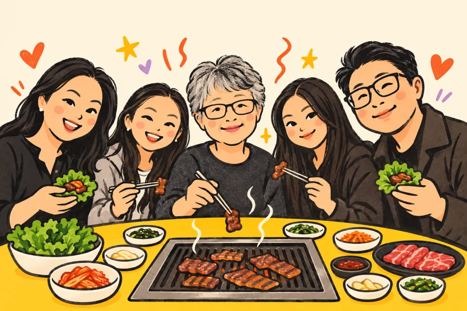 Illustration of Mrs Kim and her family sharing Korean BBQ