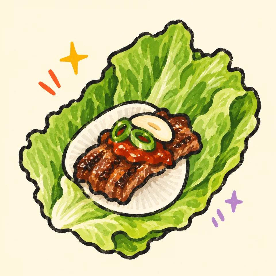 Illustrated lettuce wrap filled with grilled meat and radish